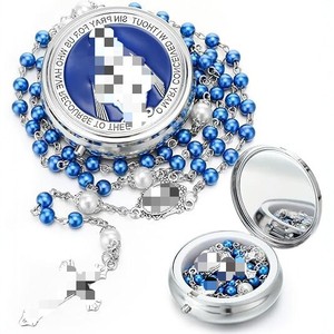Ensemble collier chapelet croix et boîte, perle d'eau douce bleu roi, bijoux religieux unisexe - Product Image 1