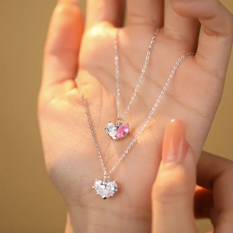 Kalung 2024 perak romantis hadiah 925 mode perhiasan zirkon berlian setengah merah muda liontin hati kalung untuk wanita