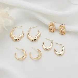 Anting Semi Lingkaran Kuningan, Perhiasan Anting Wanita Mode Bentuk C Bulat Geometris Sederhana