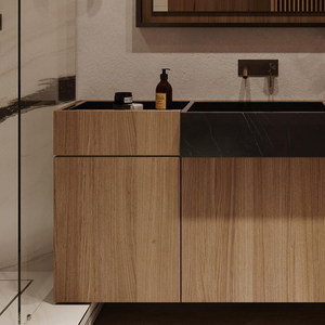 Simplified wood grain rock board integrated seamless basin intelligent <b>mirror</b> cabinet customized bathroom cabinet - Product Image 5