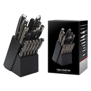 Ensemble de couteaux de cuisine 15 pièces en acier inoxydable 3Cr13 forgé avec bloc de rangement, manche en <span class=keywords><strong>bois</strong></span> coloré, support pour <span class=keywords><strong>ciseaux</strong></span>, <span class=keywords><strong>coffret</strong></span> cadeau pour usage domestique - Product Image 1