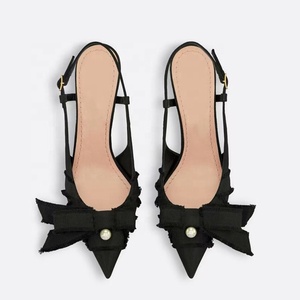 Zapatos de tacón de aguja con correa trasera de perlas para mujer, sandalias de vestir con lazo y punta fina de tela vaquera para oficina - Product Image 2