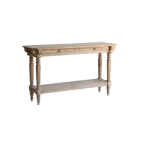 Table console en bois massif de style campagnard avec 2 étagères et 2 tiroirs en finition chêne blanchi, écologique et durable