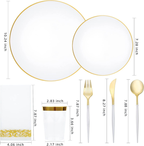 Tek Kullanımlık Plastik Parti Seti 25 Parça Modern Stil Beyaz Altın Kenarlı Siyah Tabak Bıçak/Çatal/Kaşık/Şarap Kadehi Düğünler İçin Kullanılır - Product Image 6