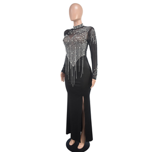 Chiffon Diamond-Encrusted Chain Evening Gown, Formal Long-Sleeve Asymmetrical <b>Split</b> <b>Dress</b> for Women - Product Image 5
