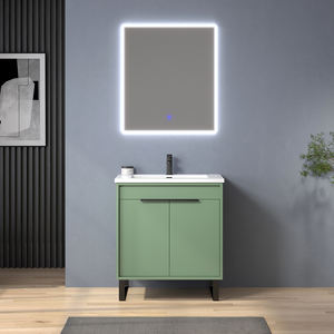 Mueble de Baño Moderno de Madera Sólida con Lavabo de Cerámica, Resistente a los Arañazos y al Agua, con Espejo LED Incluido, para Baños de Villas - Product Image 1