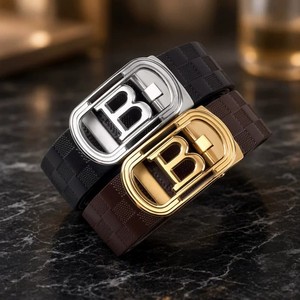Ceinture pour homme en acier inoxydable avec boucle automatique, en cuir véritable, boucle embossée, cuir de vachette pleine fleur, logo B, design polyvalent - Product Image 1