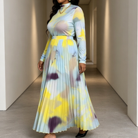 Ensemble deux pièces plissé pour femme, col montant, imprimé tissé, coupe trapèze, style bureau et décontracté, vente en gros