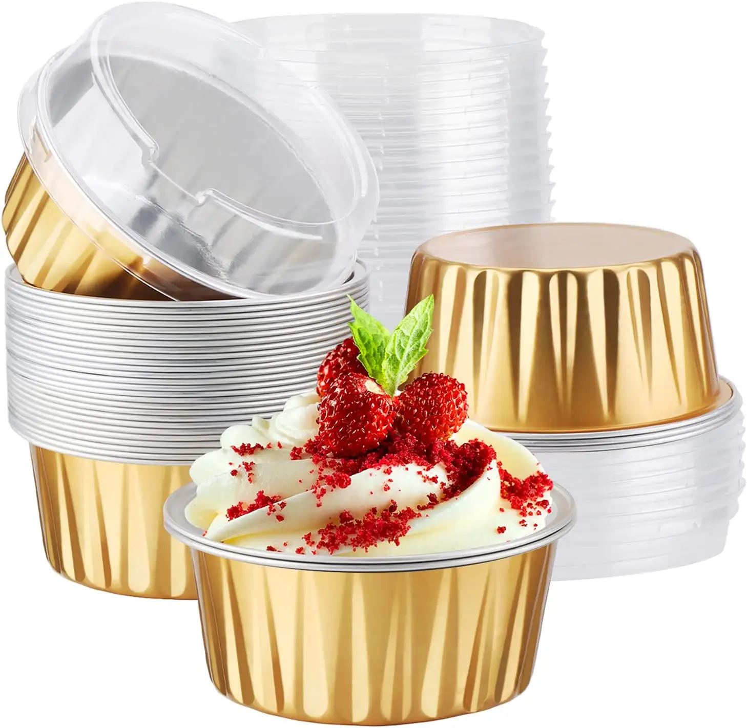 Aluminum Foil Muffin Liners Cups with Lids, Cupcake liners Baking Cups, Disposable Foil Ramekins Creme Brulee Pans Holders