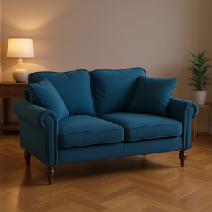 Sofá Chesterfield de Dos Plazas en Tela Azul Verde, Mueble de Sala de Estar con Reposabrazos Curvos y Patas en Forma de Calabaza, Estilo Tradicional - Product Image 2