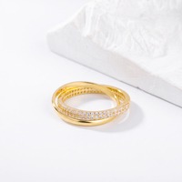 Cincin Minimalis Perak Sterling 925 Lapis Emas Desain Double-Band Hipoalergenik Bertabur CZ, Dapat Ditumpuk, untuk Wanita