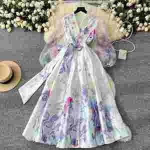 Vestido Midi Casual con Cuello en V y Estampado de Malla para Mujer, Talla Grande, Colección Primavera 2025, Estilo Túnica con Banda y Diseño de Parches - Product Image 2