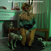 Décoration Animatronique d'Halloween : Effrayant Épouvantail en Paille de Jute avec Capteur Infrarouge, Assis sur un Banc