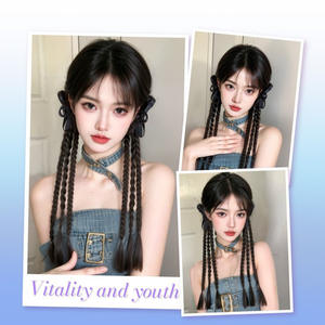 Peluca trenzada con lazo y pinza para mujer, doble cola de caballo, realista, estilo dulce y moderno, con lazo, nuevo estilo chino, gorro de malla semielástico, resistente a altas temperaturas - Product Image 1