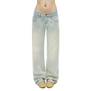 Jean évasé vintage délavé pour femme, taille ultra basse, coupe bootcut, jambe longue, avec logo personnalisé, vente en gros - Product Image 1