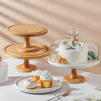 Support à gâteau en bois naturel avec couvercle en verre transparent, plateau rond pour présentation de desserts, pour mariage, anniversaire, fête