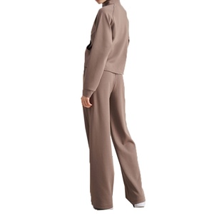 Ensemble de survêtement sportif 2 pièces en coton pour femme, couleur unie, col montant, style décontracté, tissage, saison d'automne - Product Image 3