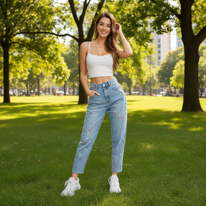 N045-1 Jeans da Donna a Vita Alta, Gamba Dritta, Lunghezza alla Caviglia, Vestibilità Comoda, Denim Stonewashed in Cotone con Motivo a Pois, Stile Casual Estivo - Product Image 2