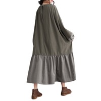 Robe longue en coton et lin patchwork, style chic français, ample et oversize, manches lanternes, élégante, grande taille, collection automne 2026, vente en gros