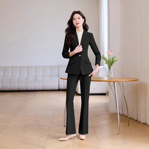 Women's Khaki Suit <b>Set</b> Full Sleeve Polyester Worsted Anti-Wrinkle <b>Office</b> Lady Autumn Workwear - Product Image 3
