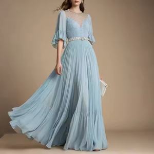 Vestidos de Noche Elegantes para Mujer, Personalizados, con Pliegues y Volantes, de Manga Corta, de Chifón, para Invitadas Musulmanas a Bodas y Fiestas - Product Image 1