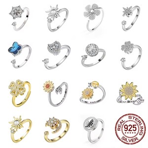Custom Jewelry <strong>925</strong> <strong>Sterling</strong> <strong>Silver</strong> 18K Gold Plated Open Adjustable Size Rotating <strong>Spinner</strong> Relief Fidget Anxiety <strong>Ring</strong> for Women - Product Image 1