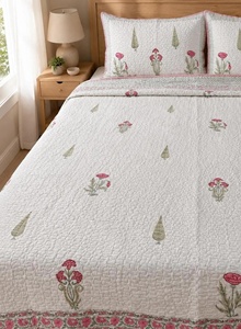 Beautiful Floral Block Printed Cotton Bedcover <b>Set</b> Lightweight Quilted <b>Comforter</b> & Pillow Covers Handmade Jaipur King Bedding - Product Image 2