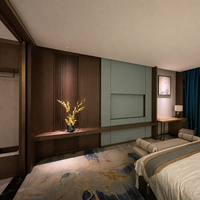 Lit d'hôtel avec tête de lit à accentuations bleu poudré, cadre en bois, base basse, taille Queen, mobilier de chambre pour hôtel et complexe hôtelier de type boutique