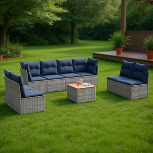 Set di divani da giardino in polyrattan grigio, 9 pezzi con cuscini, mobili da giardino per esterni, design contemporaneo - Product Image 2