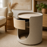 Table de chevet cylindrique moderne de luxe, faite à la main, écologique, rembourrée, 1 tiroir, placage bois clair, cuir camel, pour salle à manger