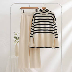 Ensemble 2 pièces pour <span class=keywords><strong>femme</strong></span>, mode hiver 2023, pull à <span class=keywords><strong>col</strong></span> <span class=keywords><strong>roulé</strong></span> rayé décontracté, tricot ample, pantalon, <span class=keywords><strong>taille</strong></span> plus - Product Image 2