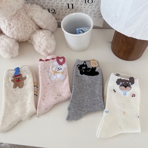 Chaussettes d'été pour femmes, style japonais mignon, motif petit ours, en coton absorbant la transpiration, mi-mollet, décontractées, oreilles tridimensionnelles - Product Image 5