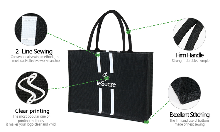 Custom Silk Screen Printing Black Jute Tote Bag With White Logo Printed