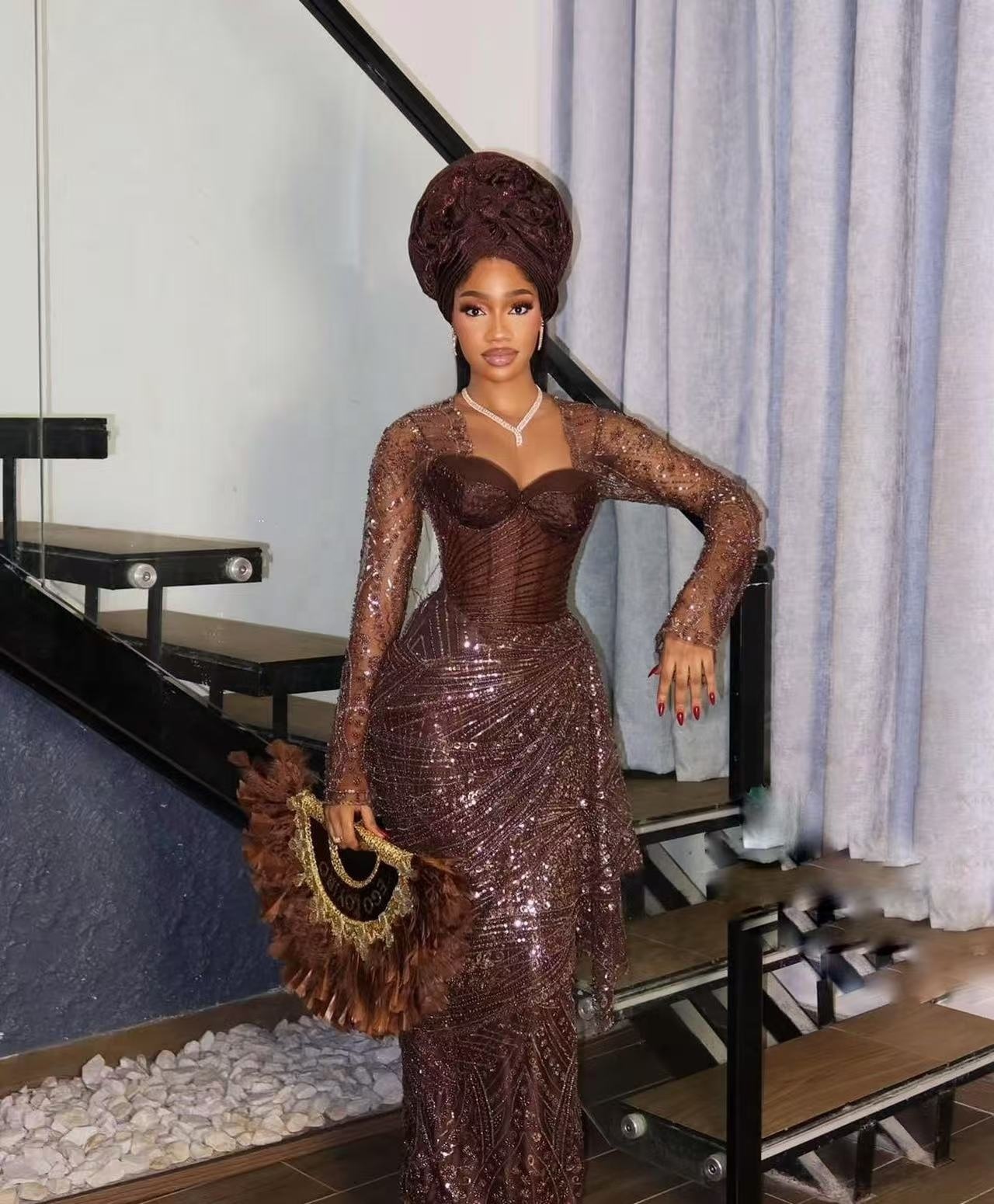 birthday dress brown Shop Nigerian Lace with Sparkly Sequins elegant brown gown