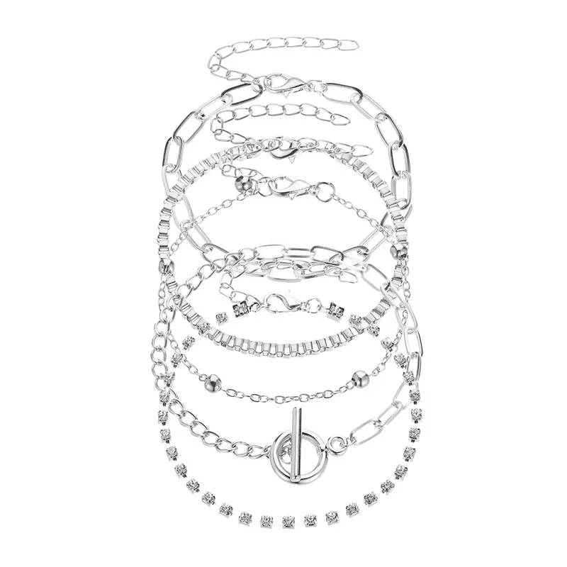 Multi-layer combination bracelet set ins creative OT button diamond chain hand jewelry 5-piece jewelry set