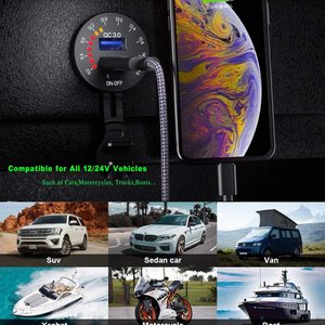 <span class=keywords><strong>Chargeur</strong></span> de voiture double USB QC3.0 12V 24V à charge rapide avec voltmètre LED et interrupteur tactile pour <span class=keywords><strong>bateau</strong></span>, moto, SUV - Product Image 2