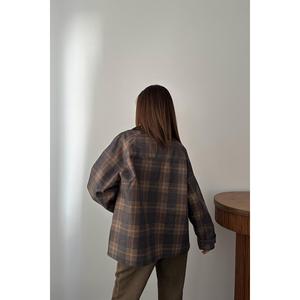 Chaqueta de Cuero Sintético a Cuadros Marrón al por Mayor para Damas y Niñas, Otoño Primavera, Talla 3XL, Corta, Relleno de Poliéster, Ribete en el Cuello, Blazer Teñido - Product Image 1