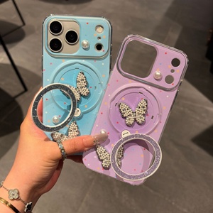 เคสโทรศัพท์มือถือแบบมีวงแหวนแม่เหล็กติดเพชรลายผีเสื้อวิบวับ วัสดุ TPU+PC รองรับการชาร์จไร้สาย สำหรับรุ่น 17 16 15 14 13 <span class=keywords><strong>Pro</strong></span> <span class=keywords><strong>Max</strong></span> - Product Image 2