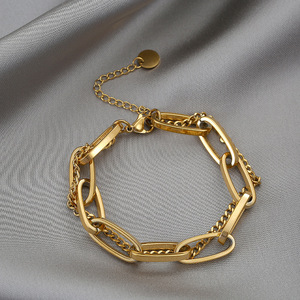 2024 moda retro 18K oro doble capa pulsera Ins temperamento Acero inoxidable ovalado grueso cadena pulsera famme - Product Image 4