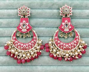 Pendientes de Aro con Colgante de Luna Creciente, con Cuentas de Perlas y Pedrería Kundan, Chapados en Oro Rosa, de Aleación de Zinc, para Bodas y Festivales, para Mujer - Product Image 1