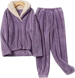 Cold Winter Home Wear Custom Women Soft flanella Pullover felpe con cappuccio e pantaloni pigiama set