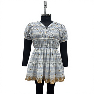 <b>Vintage</b> Breathable Mini <b>Dress</b> Embroidery Striped Pattern V-Neck Short Sleeve A-Line Natural Waist 100% Cotton <b>Summer</b> Casual - Product Image 1