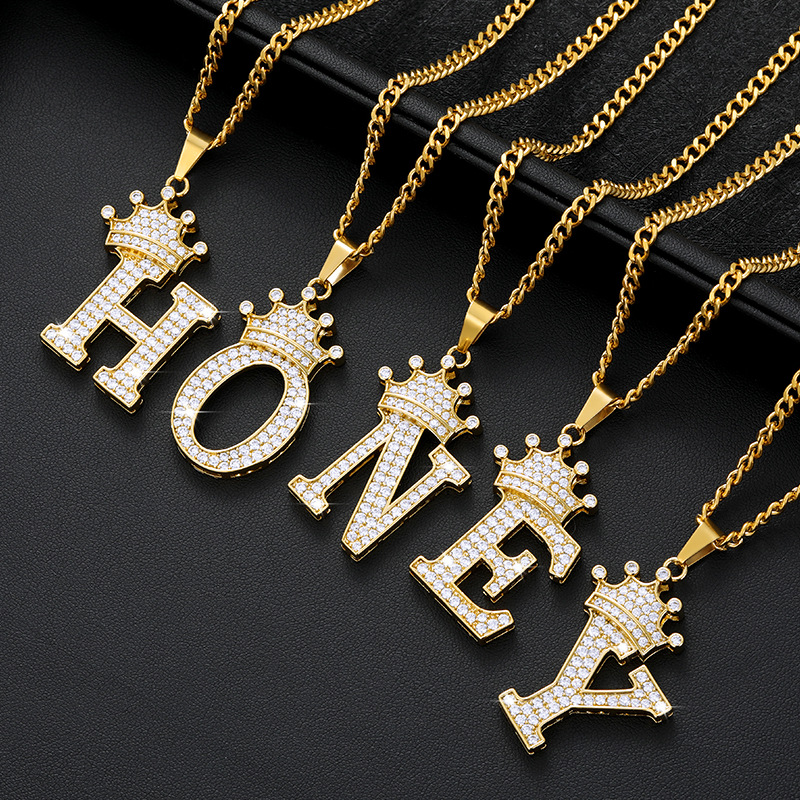 Stylish Golden Crown Necklace - 26 Letters Zircon Pendant
