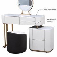 Ensemble coiffeuse avec cadre en bois massif, plateau en verre teinté, miroir LED, rails à ouverture par pression, meuble de rangement pour chambre à coucher