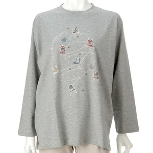 T-shirt pour femme à manches longues, col rond, ample, en coton, imprimé motif chat, broderie de lettres - Product Image 2