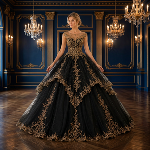 Robe de mariée de bal noire avec appliques dorées brodées, longueur ras du sol, sans manches, décolleté cœur, traîne chapelle, style vintage - Product Image 2