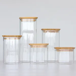 Round Airtight Coffee Tea Spice Kitchen Organizer Sealed Glass Food Storage Jars with Bamboo Lid