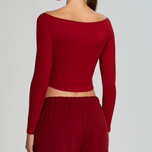 T-shirts de sport pour femmes, hauts de yoga sexy à manches longues, épaules dénudées, pour la course à pied, la salle de sport, tricot côtelé, manches longues, coupe ajustée - Product Image 4