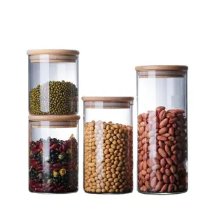 Bocaux de stockage en verre transparent avec couvercle en bambou hermétique pour bonbons, biscuits, riz, sucre, farine, pâtes, noix