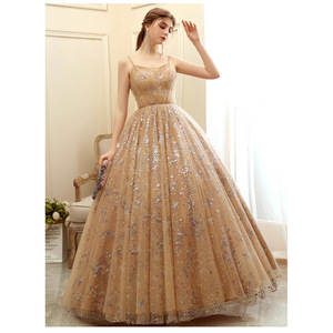 Evening Gown Ball Gown Khaki Floral Print Chiffon Sweetheart Neckline Natural Waist Long Dress For Hosting Singing Performance - Product Image 1